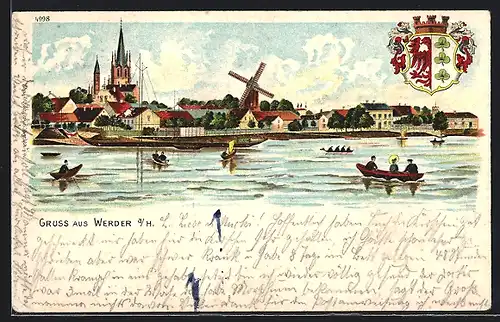 Lithographie Werder / Havel, Ortspartie mit Kirche und Windmühle vom Wasser aus gesehen, Wappen