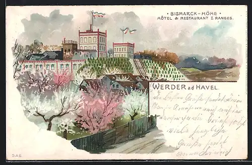 Lithographie Werder /Havel, Hotel-Restaurant Bismarckhöhe während der Baumblüte
