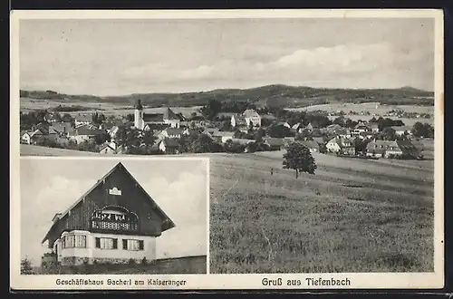 AK Tiefenbach, Geschäftshaus Sacherl am Kaiseranger, Gesamtansicht mit Umgebung