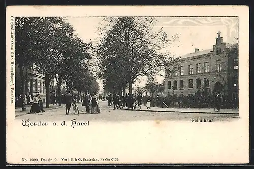 AK Werder /Havel, Schulhaus mit Strasse und Passanten