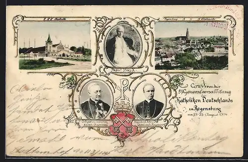 AK Regensburg, Generalversammlung deutscher Katholiken 1904, Festhalle, Papst Pius X., Totalansicht, Wappen