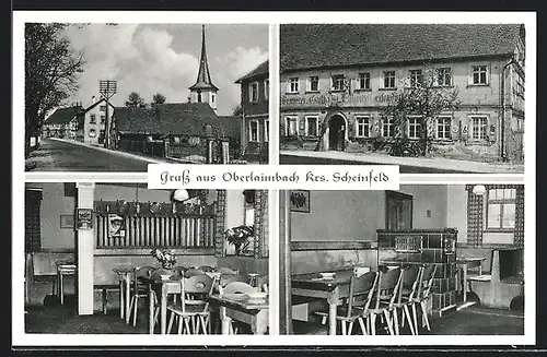 AK Oberlaimbach /Kr. Scheinfeld, Brauerei-Gasthaus zum Adler G. Rückert, Strassenpartie mit Kirche