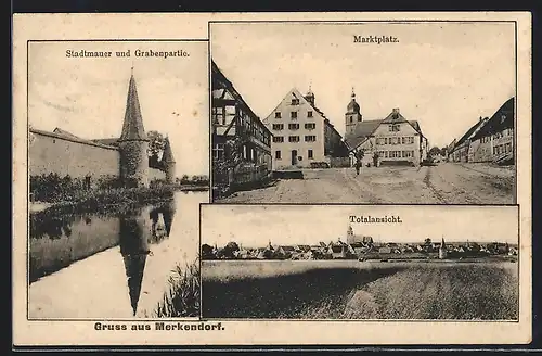 AK Merkendorf, Marktplatz, Stadtmauer und Grabenpartie