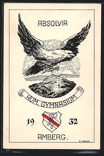 Künstler-AK Amberg, Hum. Gymnasium, Absolvia 1932, Adler