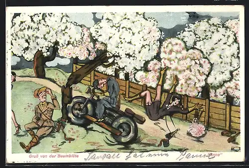 Künstler-AK Werder /Havel, Motorradunfall bei der Baumblüte