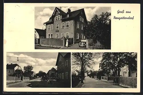 AK Neugattendorf, Strassenpartie mit Gasthaus, Geschäft, Strassenpartie mit Gebäudeansicht