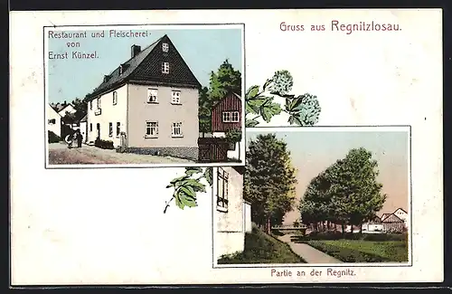 AK Regnitzlosau, Restaurant und Fleicherei von Ernst Künzel, Partie an der Regnitz