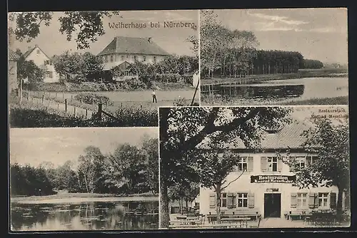 AK Weiherhaus bei Nürnberg, Restaurant Konrad Messthaler, Uferpartie, Ortspartie