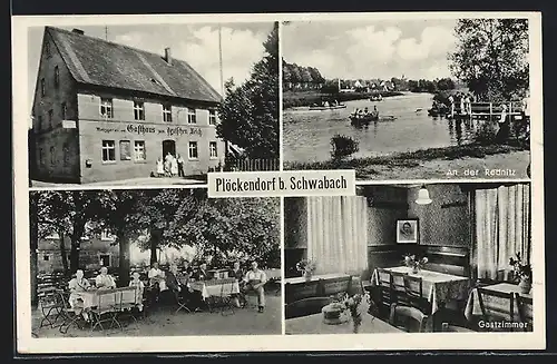 AK Plöckendorf b. Schwabach, Gasthaus zum Deutschen Reich, Ruderboote an der Rednitz