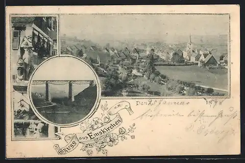 AK Emskirchen, Ortsansicht, Brückenansicht, Statue