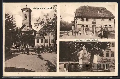 AK Weigenheim / Mfrk., Handlung von Friedrich Schüssler, Denkmal, Kirche mit Pferdekutsche