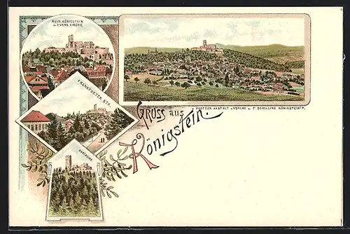 Lithographie Königstein, Ruine, evang. Kirche, Frankfurterstrasse, Burgruine, ca. 1890