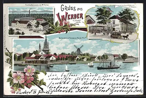 Lithographie Werder a. Havel, Restaurant zur Baumblüthe, Fruchtsaftpresse v. W. Hühne