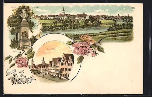 Lithographie Weiden, Schlör-Denkmal, Marktplatz, Totalansicht