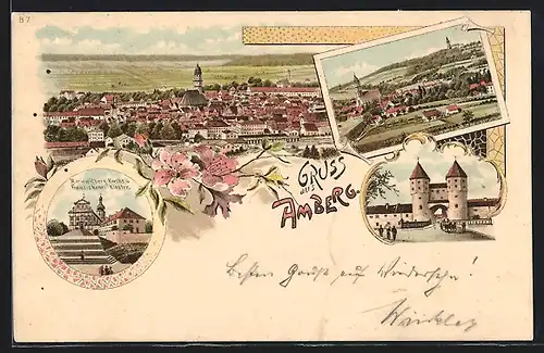 Lithographie Amberg, Blick auf das Burgtor, Mariahilfberg-Kirche u. Fanziskaner-Kloster