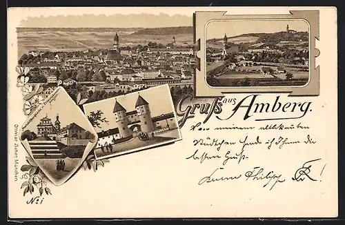 Lithographie Amberg, Mariahilfbergkirche & Franziskanerkloster, Toransicht