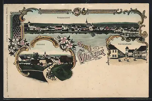 Lithographie Vilseck, Blick in die Herrenstrasse, Gesamtansicht am Wasser