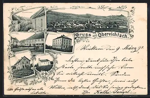 AK Obervichtach, Marktplatz mit Gasthaus zur Post, Schlosserstrasse mit Geschäften, Amtsgericht