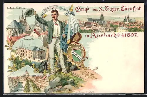 Lithographie Ansbach, Gruss vom X. Bayer. Turnfest 1897, Turnhalle, Steinerne Promenade