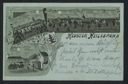 Mondschein-Lithographie Kloster Heilsbronn, Münsterplatz, Münsterkirche, Totalansicht