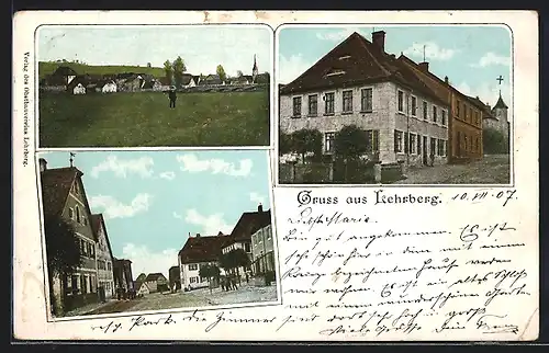 AK Lehrberg, Strassenpartie mit Wohnhäusern, Panoramaansicht mit Kirche
