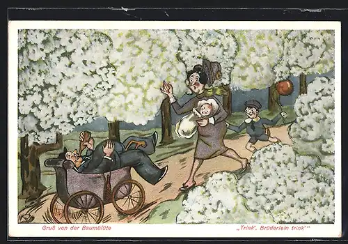 Künstler-AK Werder /Havel, Baumblüte, Familie auf dem Heimweg, Karikatur