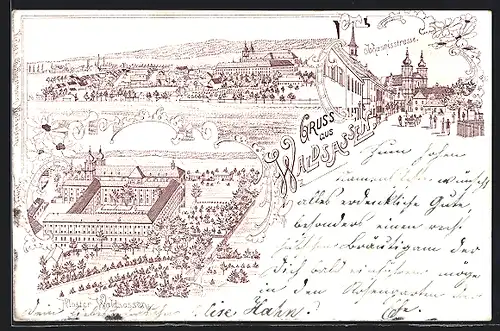 Lithographie Waldsassen, Johannisstrasse und Kloster Waldsassen, Panorama