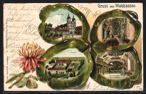 Lithographie Waldsassen, Kirche, Kloster, Inneres der Kirche und Bibliotheksaal des Kloster im Kleeblatt