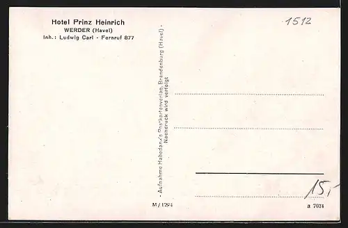 AK Werder /Havel, Hotel Prinz Heinrich, Inh. Ludwig Carl