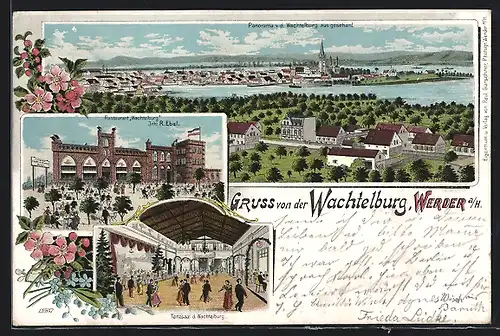 Lithographie Werder /Havel, Restaurant Wachtelburg von R. Ebel, Tanzsaal, Panorama