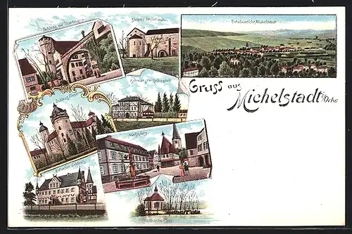 Lithographie Michelstadt /Odenwald, Kaltwasser-Heilanstalt, Eulbacher Schloss, Kloster Steinbach