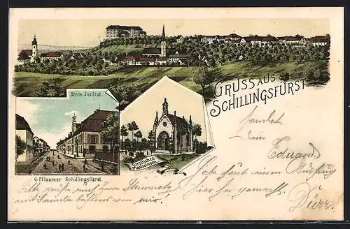 Lithographie Schillingsfürst, Teilansicht, Str. m. Institut