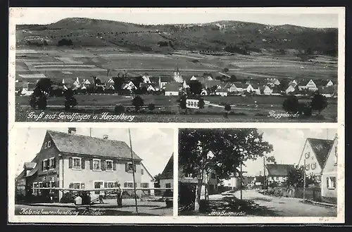 AK Gerolfingen a. Hesselberg, Panorama, Kolonialwarenhandlung Fr. Neber, Strassenpartie