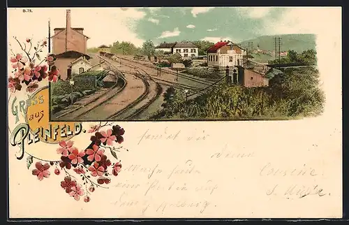 Lithographie Pleinfeld, Ortsansicht mit Eisenbahnschienen, Blütenzweig