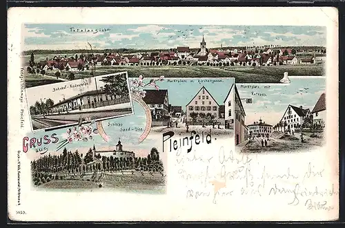 Lithographie Pleinfeld, Totalansicht, Bahnhof-Restauration, Marktplatz