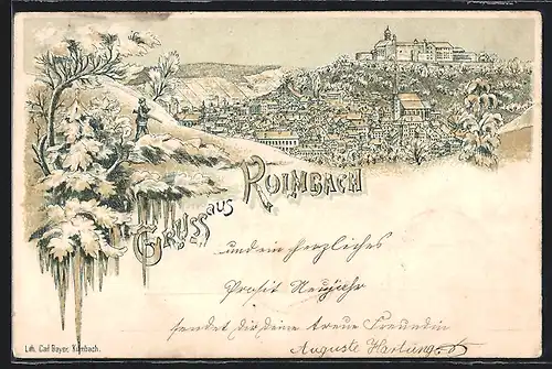 Winter-Lithographie Kulmbach, Blick auf die winterliche Stadt, Schneebedeckter Zweig