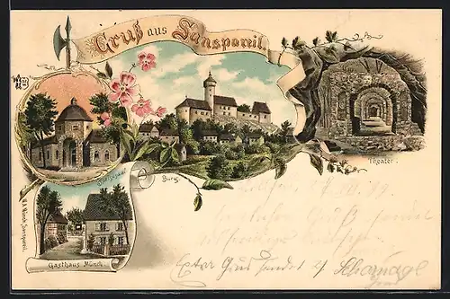 Lithographie Sanspareil, Gasthaus Münch, Burg und Theater