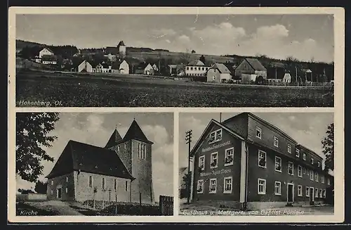 AK Hohenberg /Of., Gasthaus u. Metzgerei von Baptist Pöhlein, Kirche, Panorama