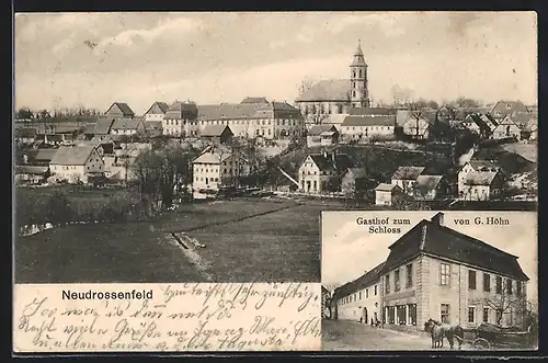 AK Neudrossenfeld, Gasthof zum Schloss von G. Höhn, Ortsansicht aus der Vogelschau