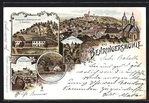 Lithographie Behringersmühle, Restaurant im Ort von J. Heinlein, Burg Gössweinstein, Stempfermühle