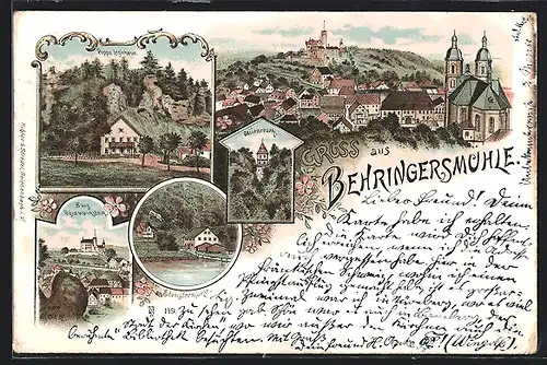 Lithographie Behringersmühle, Stempfermühle, Burg Gössweinstein, Ortsansicht