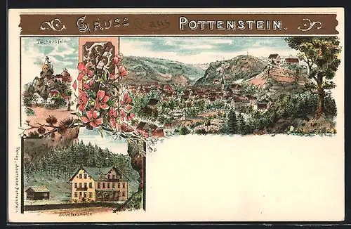 Lithographie Pottenstein, Schüttersmühle, Tüchersfeld, Ortsansicht