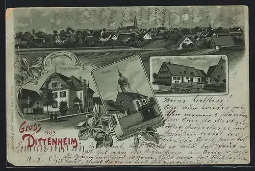 Lithographie Dittenheim, Bauernhof, Kirche, Totalansicht