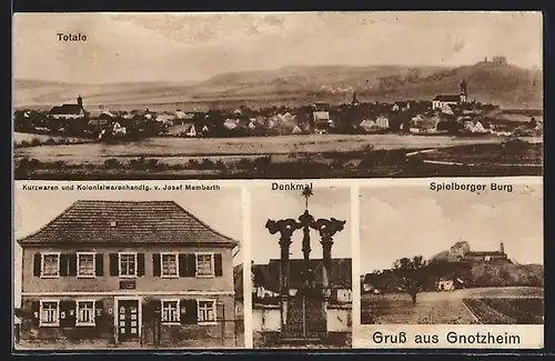 AK Gnotzheim, Kurz- und Kolonialwaren v. Josef Membarth, Denkmal, Spielberger Burg