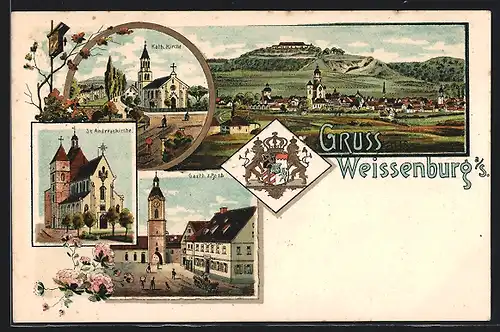 Lithographie Weissenburg a. S., Gasthaus z. Post, St. Andreaskirche und Kath. Kirche