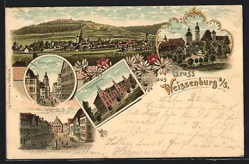 Lithographie Weissenburg, Totalansicht, Rosengasse, Holzmarkt, Progymnasium