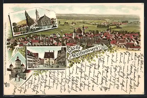 Vorläufer-Lithographie Weissenburg a. S., 1895, Marktplatz, Kirche und Gesamtansicht aus der Vogelschau