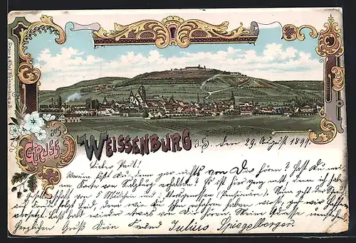 Lithographie Weissenburg a. S., Gruss mit Panorama der Ortschaft