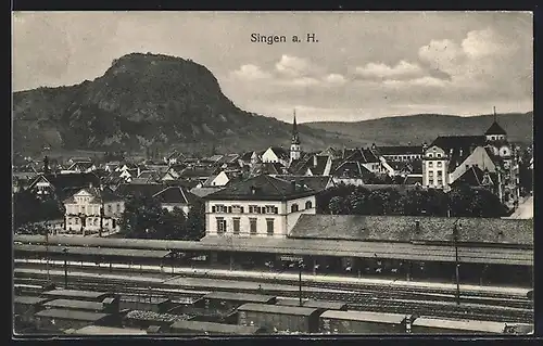 AK Singen a. H., Teilansicht mit Bahnhof aus der Vogelschau