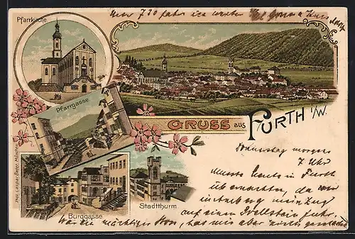 Lithographie Furth i. W., Stadtthurm, Burggasse und Pfarrgasse